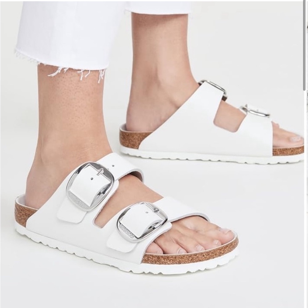 Birkenstock White Sandals with Silver Buckles